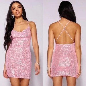 Pink Sequins Sleeveless Cowl Neck Open Back Backless Bodycon Mini Dress
